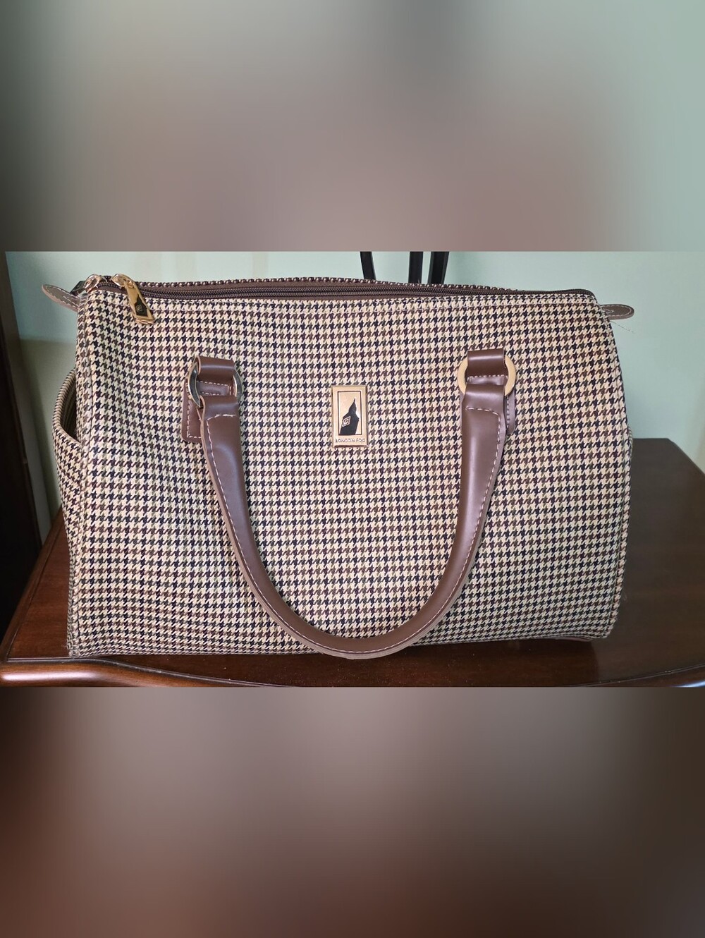 London Fog Brown Houndstooth Satchel Handbag - Leather Trim